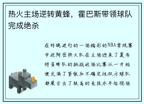 热火主场逆转黄蜂，霍巴斯带领球队完成绝杀